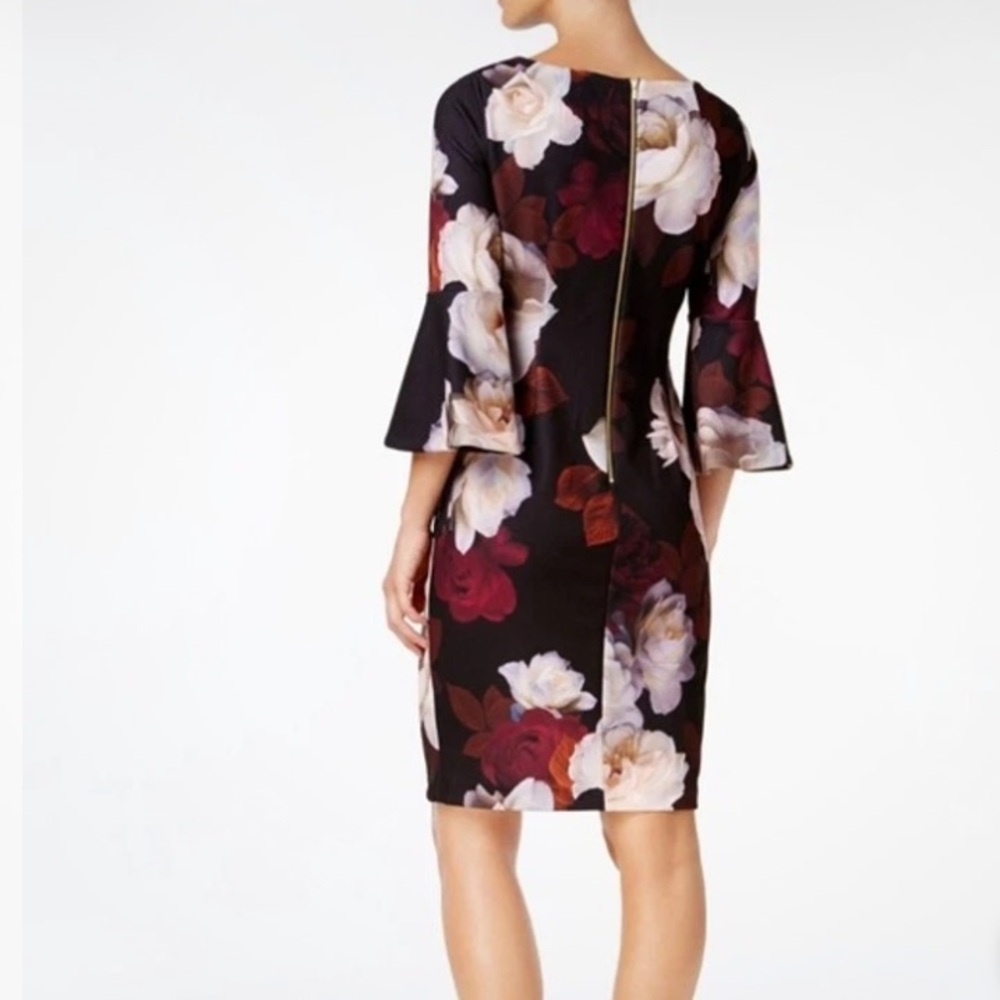 CALVIN KLEIN Black Floral Bell Sleeve Dress 6 NWOT - Picture 3 of 11